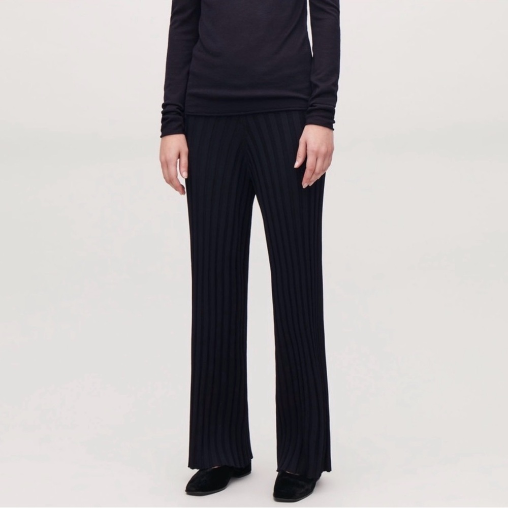 COS High Rise Ribbed Knit Straight Leg Pants Navy Blue XS Classic Minimalist